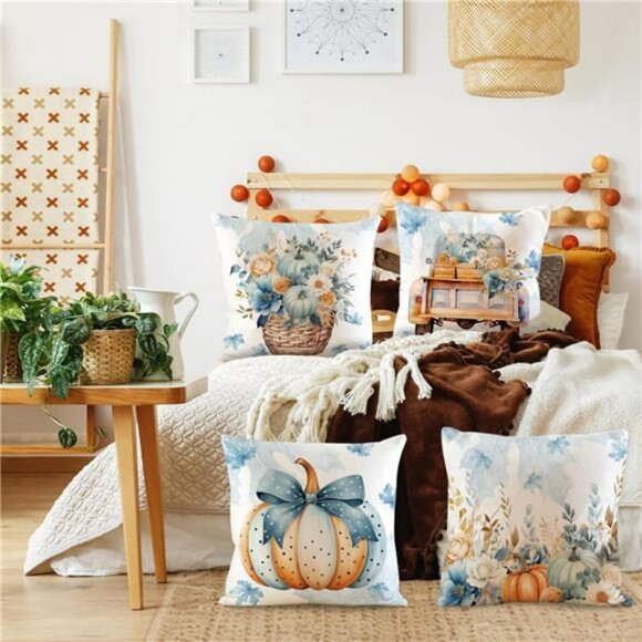 Fall Pumpkin Pillow Covers Set of 4 Velvet 18x18 Blue Orange Decorative Cushions - Picture 6 of 8